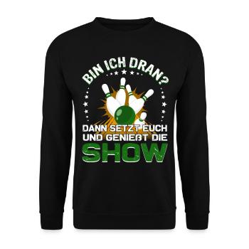 "Bin ich dran?" Kegelspieler Kegler - Unisex Pullover - Schwarz - Vorne - Alina (178cm) & Michal (187cm)