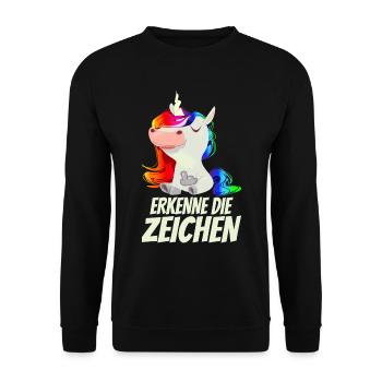 Erkenne die Zeichen - Mittelfinger Einhorn - Unisex Pullover - Schwarz - Vorne - Alina (178cm) & Michal (187cm)