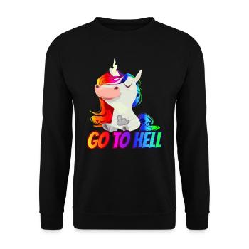 Geh - Mittelfinger-Regenbogen-Einhorn - Unisex Pullover - Schwarz - Vorne - Alina (178cm) & Michal (187cm)