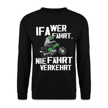 Lustiger Spruch Simsonfahrer S50 S51 Simme Moped - Unisex Pullover - Schwarz - Vorne - Alina (178cm) & Michal (187cm)