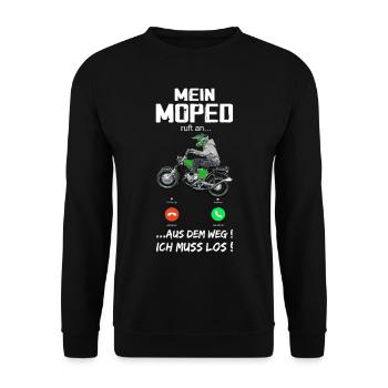 "Mein Moped ruft an" Lustiger Spruch S50 S51 Simme - Unisex Pullover - Schwarz - Vorne - Alina (178cm) & Michal (187cm)