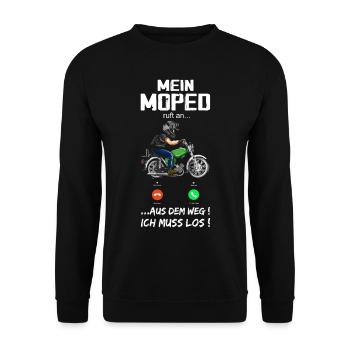 "Mein Moped ruft an" Lustiger Moped Spruch - Unisex Pullover - Schwarz - Vorne - Alina (178cm) & Michal (187cm)