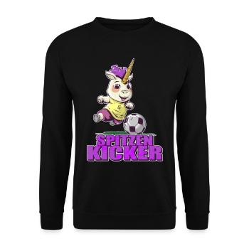 "Spitzen Kicker" - lustiges Fußball Einhorn - Unisex Pullover - Schwarz - Vorne - Alina (178cm) & Michal (187cm)