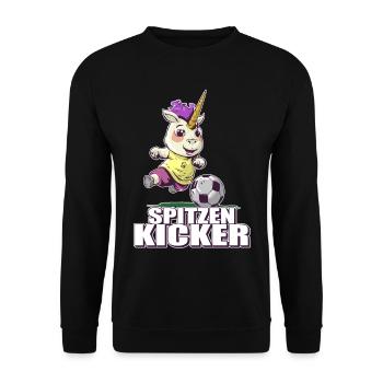 "Spitzen Kicker" - lustiges Fußball Einhorn - Unisex Pullover - Schwarz - Vorne - Alina (178cm) & Michal (187cm)