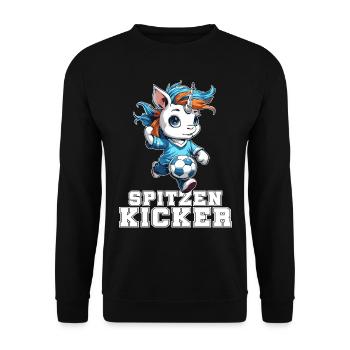 "Spitzen Kicker" - lustiges Fußball Einhorn - Unisex Pullover - Schwarz - Vorne - Alina (178cm) & Michal (187cm)