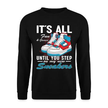 Lustiger Sneaker -Sammler - Turnschuhe - Unisex Pullover - Schwarz - Vorne - Alina (178cm) & Michal (187cm)