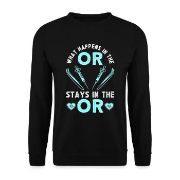 Was Passiert In Der Oder Bleibt In Der OR - - Unisex Pullover - Schwarz - Vorne - Alina (178cm) & Michal (187cm)