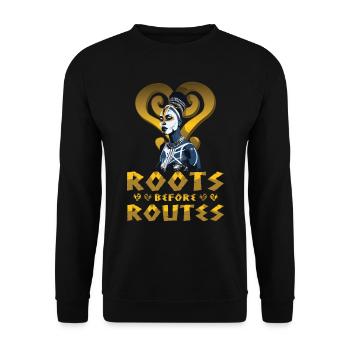 "Roots Before Routes" Sankofa Symbol Black - Unisex Sweatshirt - black - Front - Alina (178cm) & Michal (187cm)