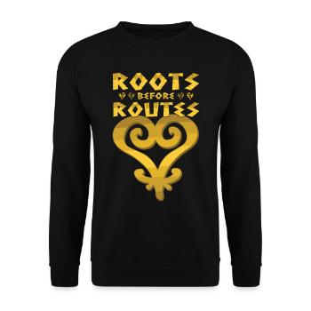"Roots Before Routes" Sankofa Icon - Unisex Sweatshirt - black - Front - Alina (178cm) & Michal (187cm)