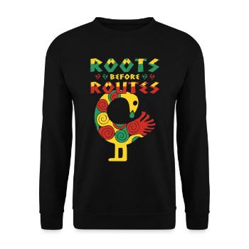 "Roots Before Routes" Bird Icon Sankofa Art - Unisex Sweatshirt - black - Front - Alina (178cm) & Michal (187cm)