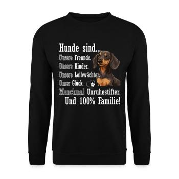 « Les chiens sont 100% famille » Teckel - Sweat-shirt Unisexe - noir - Devant - Alina (178cm) & Michal (187cm)