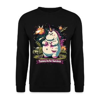 Lustiges Einhorn Meme Bauchschmerzen - Unisex Pullover - Schwarz - Vorne - Alina (178cm) & Michal (187cm)