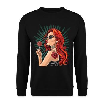 Rote Haare Rockabilly Pin Up Girl 50s - Unisex Pullover - Schwarz - Vorne - Alina (178cm) & Michal (187cm)