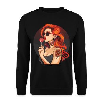 Rote Haare Rockabilly Pin Up Girl 50s - Unisex Pullover - Schwarz - Vorne - Alina (178cm) & Michal (187cm)