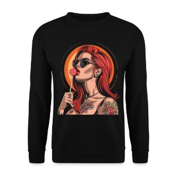 Rote Haare Rockabilly Pin Up Girl 50s - Unisex Pullover - Schwarz - Vorne - Alina (178cm) & Michal (187cm)