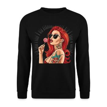 Rote Haare Rockabilly Pin Up Girl 50s - Unisex Pullover - Schwarz - Vorne - Alina (178cm) & Michal (187cm)