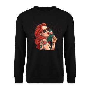 Rote Haare Rockabilly Pin Up Girl 50s - Unisex Pullover - Schwarz - Vorne - Alina (178cm) & Michal (187cm)