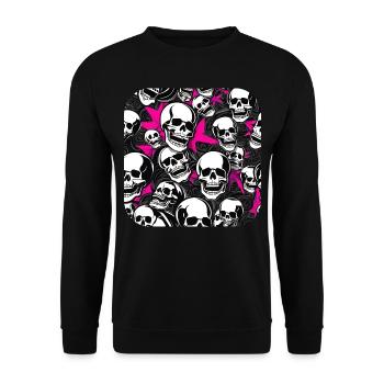 Chaos mit Totenköpfen in Pink Rosa - Unisex Pullover - Schwarz - Vorne - Alina (178cm) & Michal (187cm)