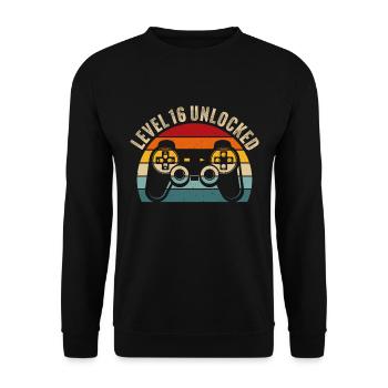 16.Geburtstag - 16 Jahre Gamer Level 16 unlocked - Unisex Pullover - Schwarz - Vorne - Alina (178cm) & Michal (187cm)