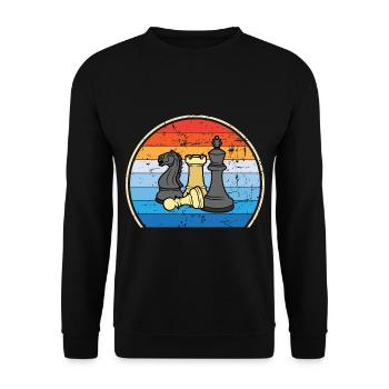 Retro Schachbrett Schachfigur Schachmatt Schach - Unisex Pullover - Schwarz - Vorne - Alina (178cm) & Michal (187cm)