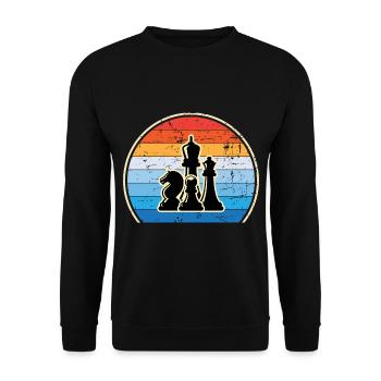 Retro Schachbrett Schachfigur Schachmatt Schach - Unisex Pullover - Schwarz - Vorne - Alina (178cm) & Michal (187cm)