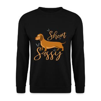 Kurz und Frech der Dackel - Unisex Pullover - Schwarz - Vorne - Alina (178cm) & Michal (187cm)