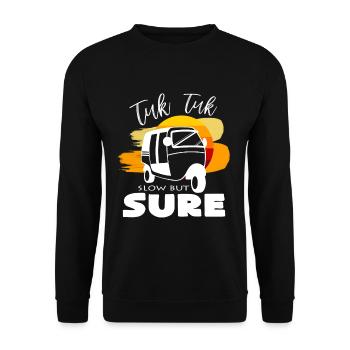 Tuk Tuk Langsam aber stetig Spruch Geschenkidee - Unisex Pullover - Schwarz - Vorne - Alina (178cm) & Michal (187cm)