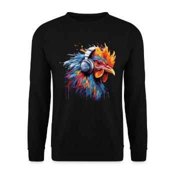Hahn hört Musik mit Kopfhörern - Unisex Pullover - Schwarz - Vorne - Alina (178cm) & Michal (187cm)