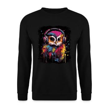 Lustige Eule hört Musik über Kopfhörer - Unisex Pullover - Schwarz - Vorne - Alina (178cm) & Michal (187cm)