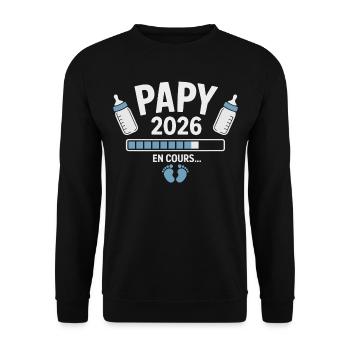 Papy 2026 En Cours – Annonce Grossesse Drôle - Sweat-shirt Unisexe - noir - Devant - Alina (178cm) & Michal (187cm)