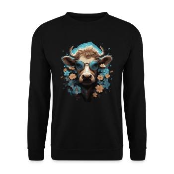 Lustige Kuh mit Blumen - Unisex Pullover - Schwarz - Vorne - Alina (178cm) & Michal (187cm)