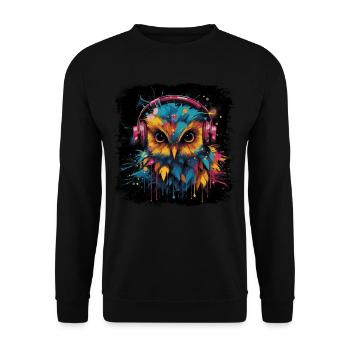 Discjockey Eule hört Musik über Kopfhörer - Unisex Pullover - Schwarz - Vorne - Alina (178cm) & Michal (187cm)