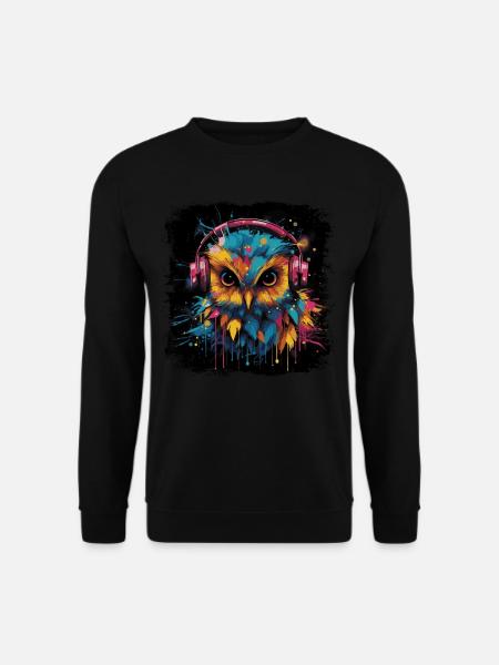 Discjockey Eule hört Musik über Kopfhörer - Unisex Pullover - Schwarz