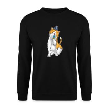Katze Geburtstag Tröte - Unisex Pullover - Schwarz - Vorne - Alina (178cm) & Michal (187cm)