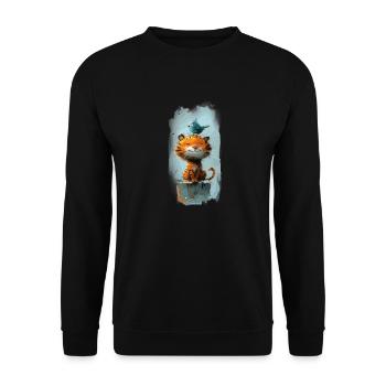 Niedliche Katze mit Ente auf dem Kopf für Kinder - Unisex Pullover - Schwarz - Vorne - Alina (178cm) & Michal (187cm)