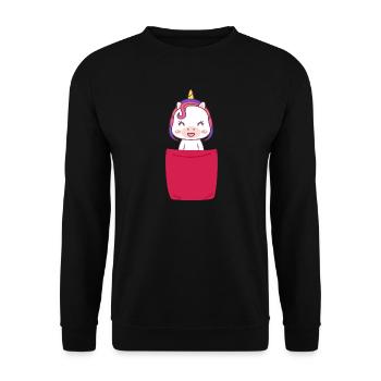 Süßes Einhorn in Brusttasche Lustig Unicorn - Unisex Pullover - Schwarz - Vorne - Alina (178cm) & Michal (187cm)