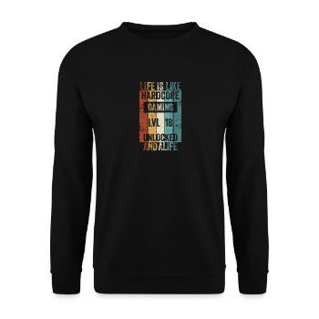Level 18 Life is like Hardcore Gaming Unlocked - Unisex Pullover - Schwarz - Vorne - Alina (178cm) & Michal (187cm)