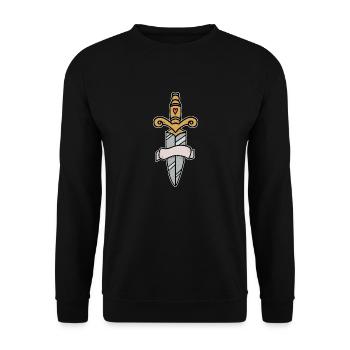 Traditionelles Tattoo Schwertmesser mit Banner - Unisex Pullover - Schwarz - Vorne - Alina (178cm) & Michal (187cm)