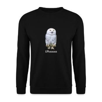 Lustiges Uhu Eulen-T-Shirt – „Uhuuuu!“ - Unisex Pullover - Schwarz - Vorne - Alina (178cm) & Michal (187cm)