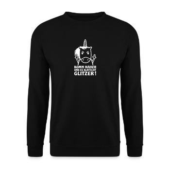 Einhorn Spruch Komm näher und es Klatscht Glitzer - Unisex Pullover - Schwarz - Vorne - Alina (178cm) & Michal (187cm)