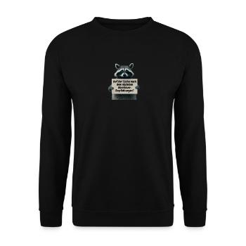 Ein lustiger Waschbär mit Schild - Unisex Pullover - Schwarz - Vorne - Alina (178cm) & Michal (187cm)