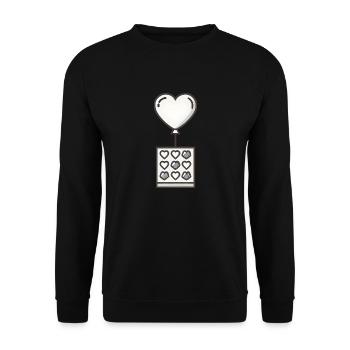 Herzluftballon an Pralinenschachtel - Unisex Pullover - Schwarz - Vorne - Alina (178cm) & Michal (187cm)