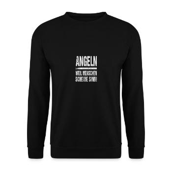 Angeln weil Menschen scheiße sind - Unisex Pullover - Schwarz - Vorne - Alina (178cm) & Michal (187cm)