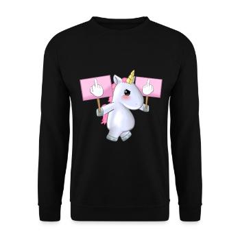 Gehendes Einhorn mit Mittelfinger-Zeichen-Geschenkidee - Unisex Pullover - Schwarz - Vorne - Alina (178cm) & Michal (187cm)