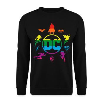 Justice League DC Superhelden Regenbogen Logos - Unisex Pullover - Schwarz - Vorne - Alina (178cm) & Michal (187cm)