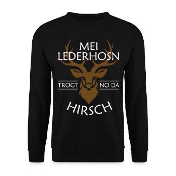 Mei Lederhosn trogt no da Hirsch Geweih - Unisex Pullover - Schwarz - Vorne - Alina (178cm) & Michal (187cm)
