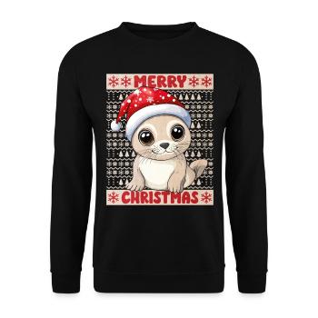 Robbe Seerobbe Ugly Christmas Weihnachten Xmas Süß - Unisex Pullover - Schwarz - Vorne - Alina (178cm) & Michal (187cm)