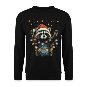 lustiger Waschbär Weihnachten Lichterkette - Unisex Pullover - Schwarz - Vorne - Alina (178cm) & Michal (187cm)
