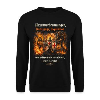 Hexenverbrennungen, Kreuzzüge, Inquisition - Unisex Pullover - Schwarz - Vorne - Alina (178cm) & Michal (187cm)
