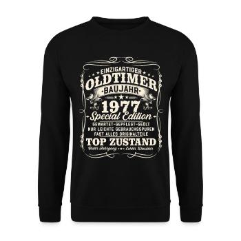 Oldtimer Baujahr 1977 Jahrgang Geburtstag Geschenk - Unisex Pullover - Schwarz - Vorne - Alina (178cm) & Michal (187cm)